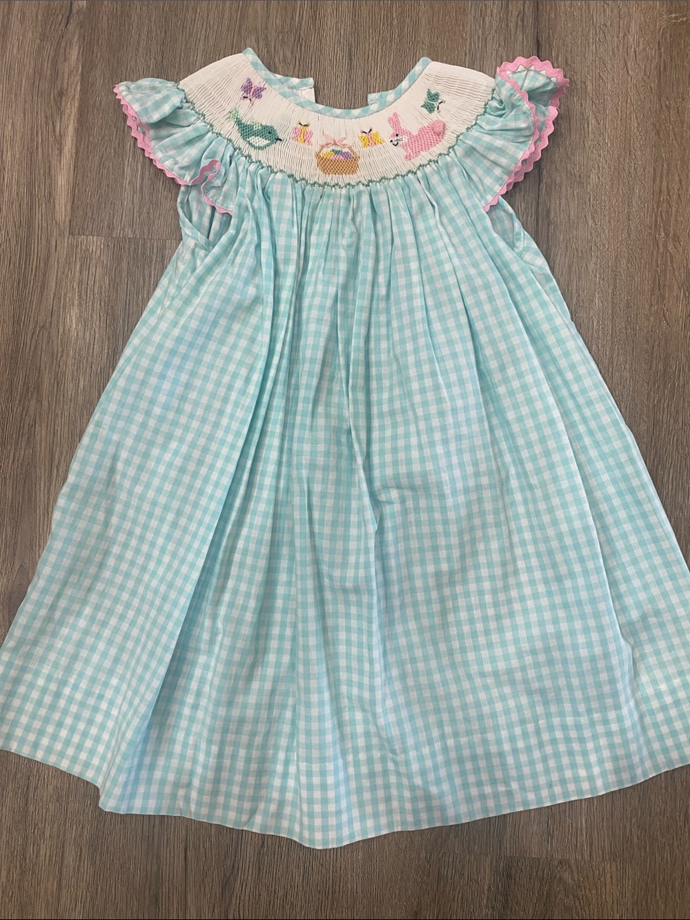 Light Blue Gingham Smocked Kids Dress with Pink Trim